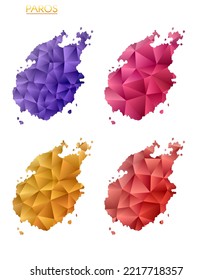 Set of vector polygonal maps of Paros. Bright gradient map of island in low poly style. Multicolored Paros map in geometric style for your infographics. Elegant vector illustration.