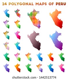 Set of vector polygonal maps of Peru. Bright gradient map of country in low poly style. Multicolored Peru map in geometric style for your infographics.