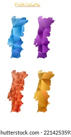 Reihe von Vektorkarten von Portugal. Helle Farbverlauf-Karte des Landes im Low-Poly-Stil. Mehrfarbige Landkarte Portugal im geometrischen Stil für Ihre Infografiken. Künstlerische Vektorgrafik.