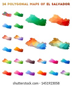 Set of vector polygonal maps of the Republic of El Salvador. Bright gradient map of the country in low poly style. Multicolored Republic of El Salvador map in geometric style for your infographics.