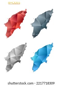Conjunto de mapas poligonales vectoriales de Rodas. Mapa de degradado brillante de la isla en estilo de polos bajos. Mapa de rodas multicolores en estilo geométrico para sus infografías. Ilustración vectorial artística.