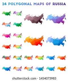 Set of vector polygonal maps of Russia. Bright gradient map of country in low poly style. Multicolored Russia map in geometric style for your infographics.