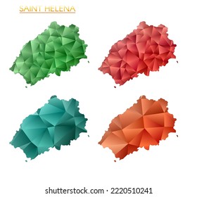 Set of vector polygonal maps of Saint Helena. Bright gradient map of the island in a low poly style. Multicolored Saint Helena map in geometric style for your infographics. Authentic vector illustration.