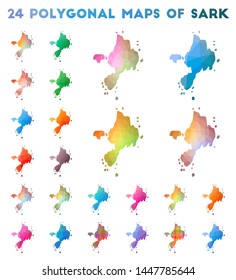 Set of vector polygonal maps of Sark. Bright gradient map of island in low poly style. Multicolored Sark map in geometric style for your infographics.