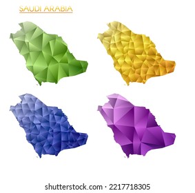 Conjunto de mapas poligonales vectoriales de Arabia Saudita. Mapa de degradado brillante de país con un estilo de polos bajo. Mapa de Arabia Saudita multicolor en estilo geométrico para tus infografías. Ilustración vectorial con clase.