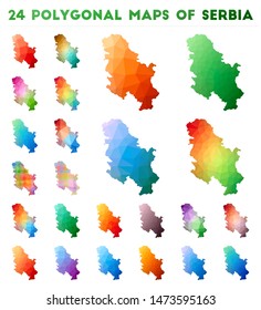 Set of vector polygonal maps of Serbia. Bright gradient map of country in low poly style. Multicolored Serbia map in geometric style for your infographics.