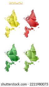 Set of vector polygonal maps of Siargao. Bright gradient map of island in low poly style. Multicolored Siargao map in geometric style for your infographics. Artistic vector illustration.