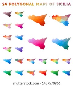 Set of vector polygonal maps of Sicilia. Bright gradient map of island in low poly style. Multicolored Sicilia map in geometric style for your infographics.