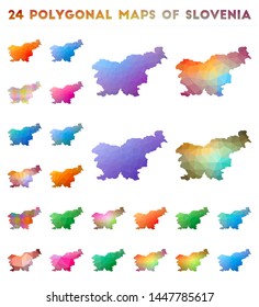 Set of vector polygonal maps of Slovenia. Bright gradient map of country in low poly style. Multicolored Slovenia map in geometric style for your infographics.