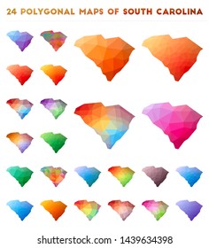 Set of vector polygonal maps of South Carolina. Bright gradient map of US state in low poly style. Multicolored South Carolina map in geometric style for your infographics.