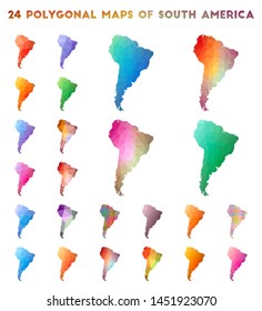 Set of vector polygonal maps of South America. Bright gradient map of continent in low poly style. Multicolored South America map in geometric style for your infographics.