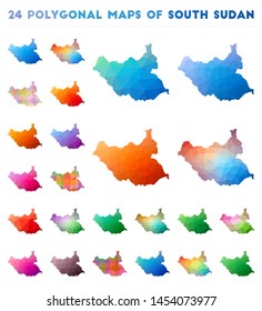 Set of vector polygonal maps of South Sudan. Bright gradient map of country in low poly style. Multicolored South Sudan map in geometric style for your infographics.