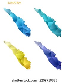 Set of vector polygonal maps of Sumatra. Bright gradient map of island in low poly style. Multicolored Sumatra map in geometric style for your infographics. Beautiful vector illustration.
