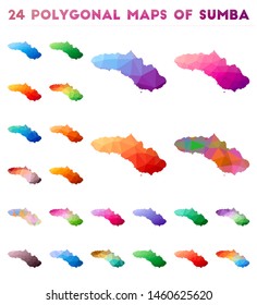 Set of vector polygonal maps of Sumba. Bright gradient map of island in low poly style. Multicolored Sumba map in geometric style for your infographics.