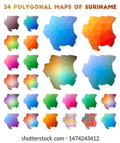 Set of vector polygonal maps of Suriname. Bright gradient map of country in low poly style. Multicolored Suriname map in geometric style for your infographics.