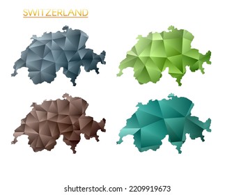 Satz von Vektorkarten der Schweiz. Helle Farbverlauf-Karte des Landes im Low-Poly-Stil. Mehrfarbige Schweizer Landkarte im geometrischen Stil für Ihre Infografiken. Kreative Vektorgrafik.