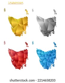 Set of vector polygonal maps of Tasmania. Bright gradient map of island in low poly style. Multicolored Tasmania map in geometric style for your infographics. Classy vector illustration.