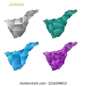 Set of vector polygonal maps of Tenerife. Bright gradient map of island in low poly style. Multicolored Tenerife map in geometric style for your infographics. Cool vector illustration.
