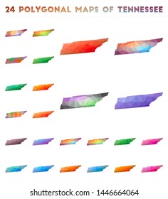 Set of vector polygonal maps of Tennessee. Bright gradient map of us state in low poly style. Multicolored Tennessee map in geometric style for your infographics.