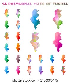 Set of vector polygonal maps of Tunisia. Bright gradient map of country in low poly style. Multicolored Tunisia map in geometric style for your infographics.