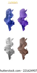 Set of vector polygonal maps of Tunisia. Bright gradient map of country in low poly style. Multicolored Tunisia map in geometric style for your infographics. Cool vector illustration.