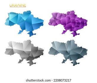 Set of vector polygonal maps of Ukraine. Bright gradient map of country in low poly style. Multicolored Ukraine map in geometric style for your infographics. Powerful vector illustration.
