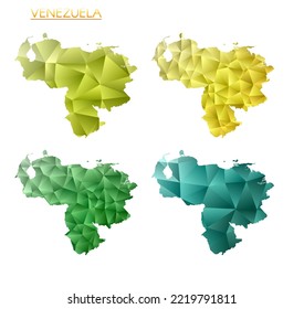 Set of vector polygonal maps of Venezuela. Bright gradient map of country in low poly style. Multicolored Venezuela map in geometric style for your infographics. Trendy vector illustration.