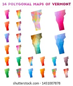 Set of vector polygonal maps of Vermont. Bright gradient map of us state in low poly style. Multicolored Vermont map in geometric style for your infographics.