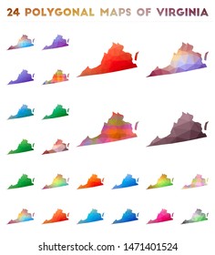 Set of vector polygonal maps of Virginia. Bright gradient map of us state in low poly style. Multicolored Virginia map in geometric style for your infographics.