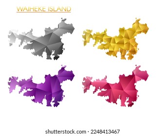 Conjunto de mapas poligonales vectoriales de la isla de Waiheke. Mapa del borde del degradado brillante en un estilo de polo bajo. Mapa de la isla de Waiheke multicolor en estilo geométrico para sus infografías. Ilustración vectorial vibrante.
