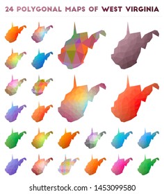 Set of vector polygonal maps of West Virginia. Bright gradient map of US state in low poly style. Multicolored West Virginia map in geometric style for your infographics.