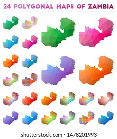 Set of vector polygonal maps of Zambia. Bright gradient map of country in low poly style. Multicolored Zambia map in geometric style for your infographics.