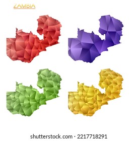 Conjunto de mapas poligonales vectoriales de Zambia. Mapa de degradado brillante de país con un estilo de polos bajo. Mapa de Zambia multicolor en estilo geométrico para sus infografías. Increíble ilustración vectorial.