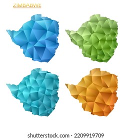 Set of vector polygonal maps of Zimbabwe. Bright gradient map of country in low poly style. Multicolored Zimbabwe map in geometric style for your infographics. Attractive vector illustration.