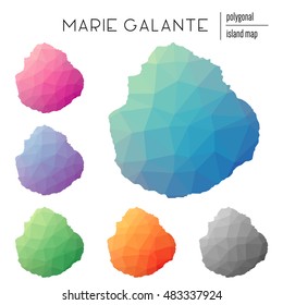 Set of vector polygonal Marie-Galante maps filled with bright gradient of low poly art. Multicolored polygonal Marie-Galante maps in geometric style for your infographics.