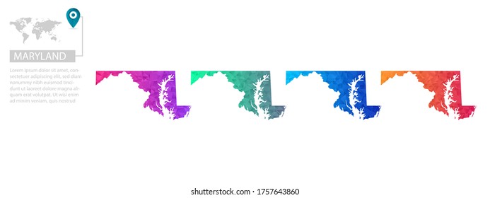Conjunto de mapas vectoriales de Maryland. Mapa de degradado brillante de país con un estilo de polos bajo. Mapa de país multicolor en estilo geométrico para sus infografías, diseño poligonal para sus ,Vector eps 10.