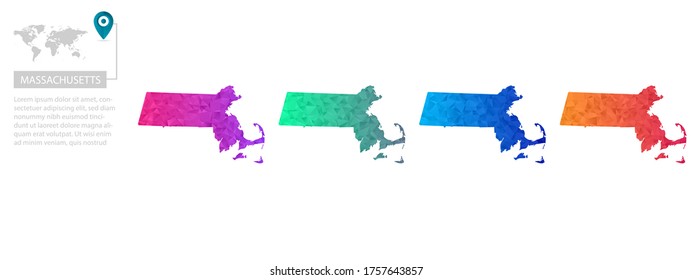 Set of vector polygonal Massachusetts maps. Bright gradient map of country in low poly style. Multicolored country map in geometric style for your infographics, polygonal design for your