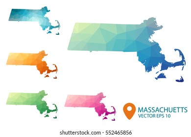 Set of vector polygonal Massachusetts state maps. Bright gradient map of country in low poly style. Multicolored country map in geometric style for your infographics. Vector illustration eps 10.