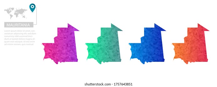 Conjunto de mapas vectoriales de Mauritania polígono. Mapa de degradado brillante de país con un estilo de polos bajo. Mapa de país multicolor en estilo geométrico para sus infografías, diseño poligonal para sus ,Vector eps 10.