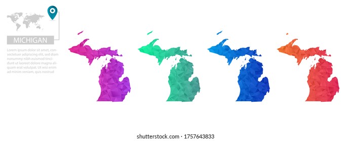 Set of vector polygonal Michigan maps. Bright gradient map of country in low poly style. Multicolored country map in geometric style for your infographics, polygonal design for your ,Vector eps 10.