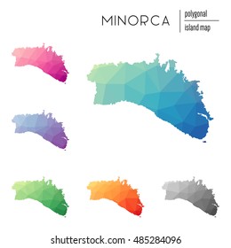 Set of vector polygonal Minorca maps filled with bright gradient of low poly art. Multicolored polygonal Minorca maps in geometric style for your infographics.