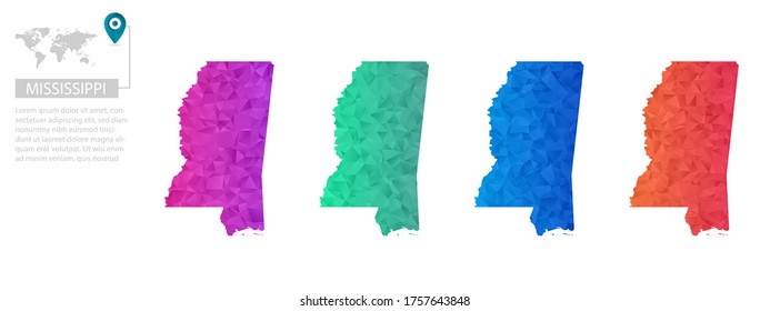 Conjunto de mapas vectoriales poligonales de Misisipi. Mapa de degradado brillante de país con un estilo de polos bajo. Mapa de país multicolor en estilo geométrico para sus infografías, diseño poligonal para sus ,Vector eps 10.