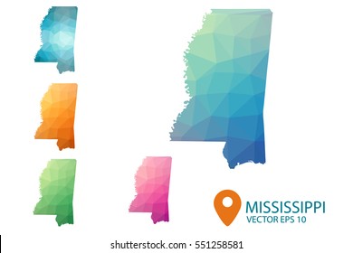 Set of vector polygonal Mississippi state maps. Bright gradient map of country in low poly style. Multicolored country map in geometric style for your infographics. Vector illustration eps 10.