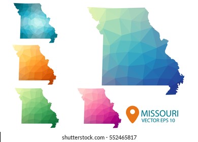 Set of vector polygonal Missouri state maps. Bright gradient map of country in low poly style. Multicolored country map in geometric style for your infographics. Vector illustration eps 10.