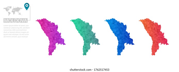 Conjunto de mapas vectoriales de Moldavia poligonal. Mapa de degradado brillante de país con un estilo de polos bajo. Mapa de país multicolor en estilo geométrico para sus infografías, diseño poligonal para sus ,Vector eps 10.