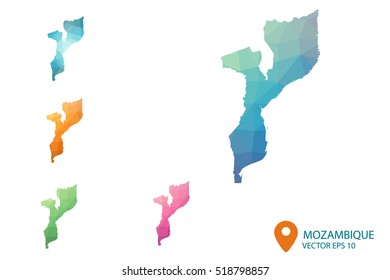 Set of vector polygonal Mozambique maps. Bright gradient map of country in low poly style. Multicolored country map in geometric style for your infographics. Vector illustration eps 10.