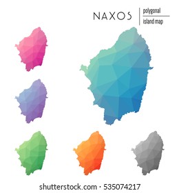 Set of vector polygonal Naxos maps filled with bright gradients in a low poly art style. Multicolored island outlines in a geometric style for your infographics.