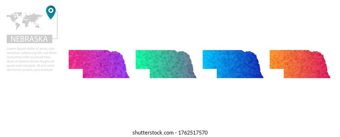 Set of vector polygonal Nebraska maps. Bright gradient map of country in low poly style. Multicolored country map in geometric style for your infographics, polygonal design for your ,Vector eps 10.