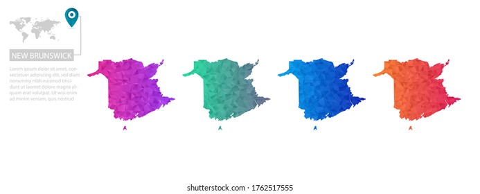 Conjunto de mapas vectoriales de New Brunswick. Mapa de degradado brillante de país con un estilo de polos bajo. Mapa de país multicolor en estilo geométrico para sus infografías, diseño poligonal para su