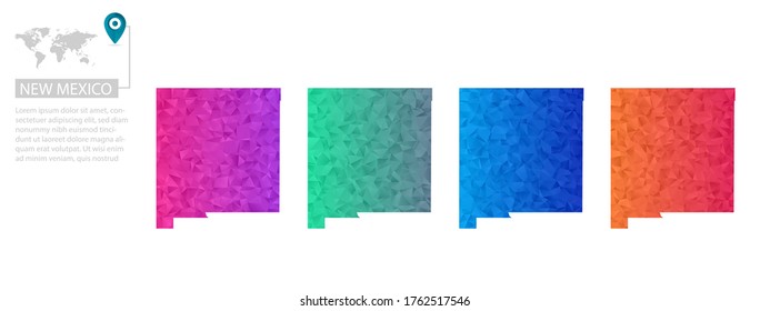 Conjunto de mapas vectoriales poligonales Nuevo México. Mapa de degradado brillante de país con un estilo de polos bajo. Mapa de país multicolor en estilo geométrico para sus infografías, diseño poligonal para sus ,Vector eps 10.
